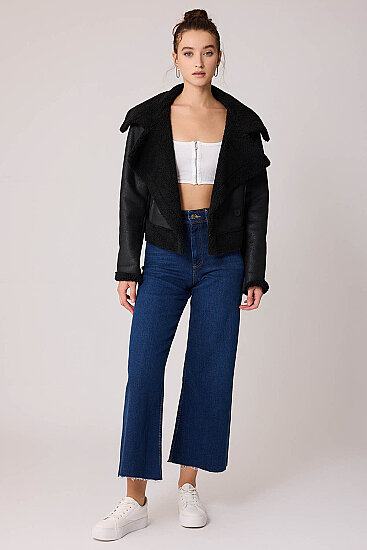 Önü Düğmeli Kürklü Crop Biker Ceket - 8