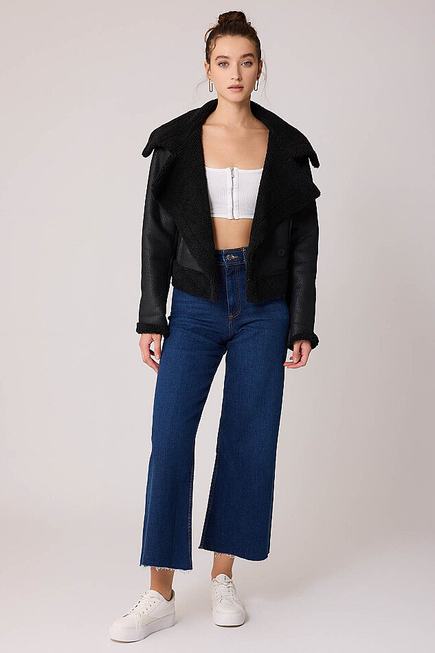 Önü Düğmeli Kürklü Crop Biker Ceket - 8
