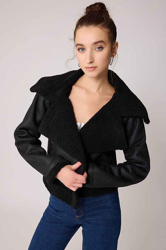 Önü Düğmeli Kürklü Crop Biker Ceket - 9