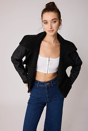 Önü Düğmeli Kürklü Crop Biker Ceket - 10