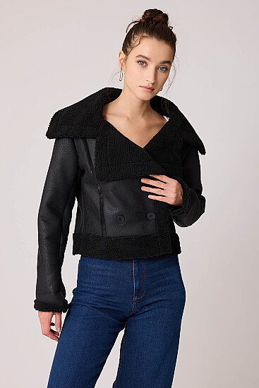 Önü Düğmeli Kürklü Crop Biker Ceket - 7