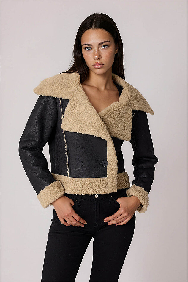 Önü Düğmeli Kürklü Crop Biker Ceket