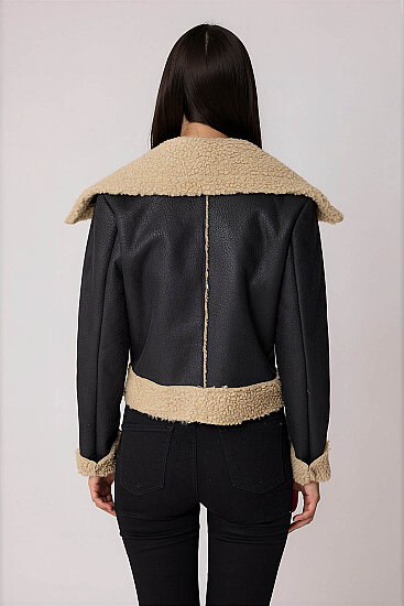 Önü Düğmeli Kürklü Crop Biker Ceket - 3
