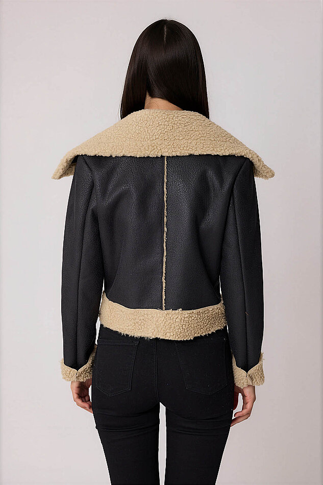 Önü Düğmeli Kürklü Crop Biker Ceket - 3