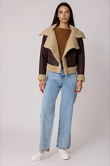 Önü Düğmeli Kürklü Crop Biker Ceket - 5