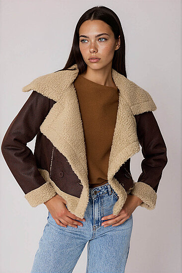 Önü Düğmeli Kürklü Crop Biker Ceket - 4
