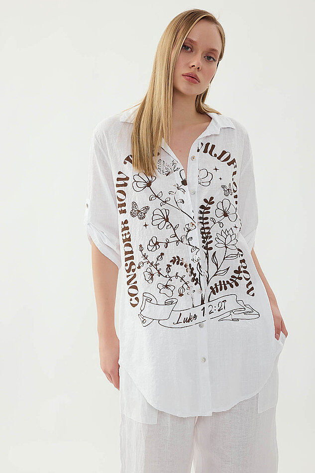 Oversize Baskılı Keten Gömlek