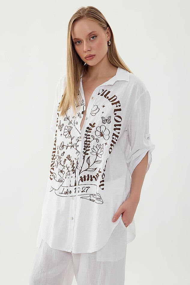 Oversize Baskılı Keten Gömlek (1)