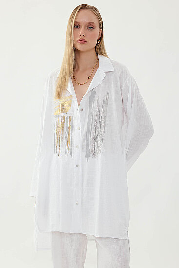 Oversize Baskılı Keten Gömlek - 3