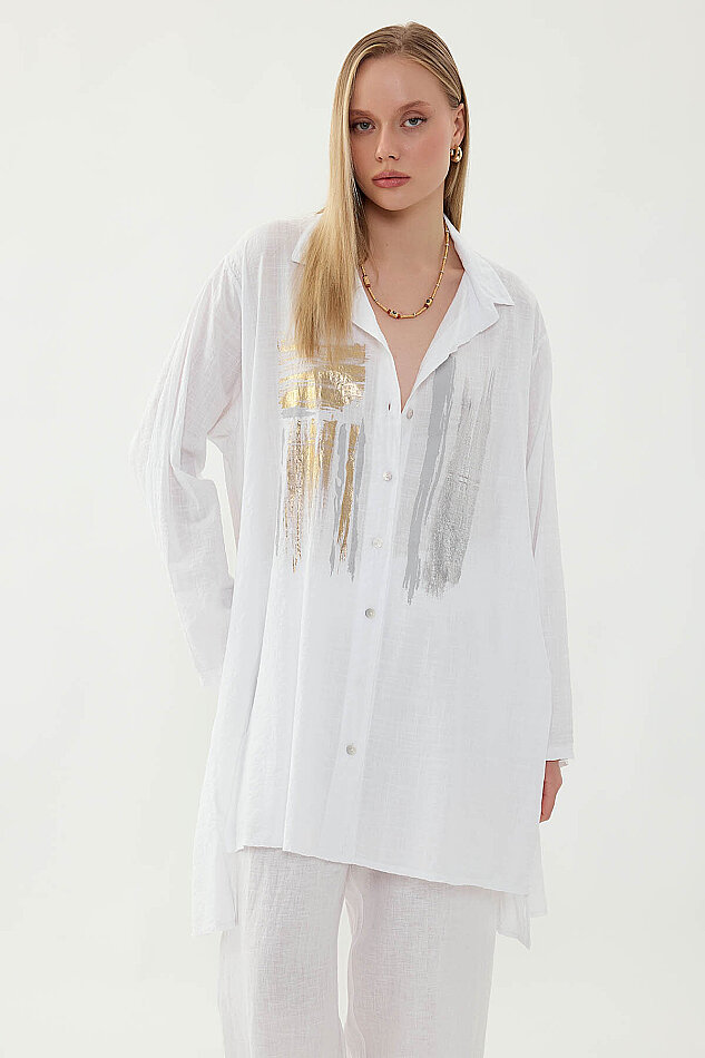 Oversize Baskılı Keten Gömlek