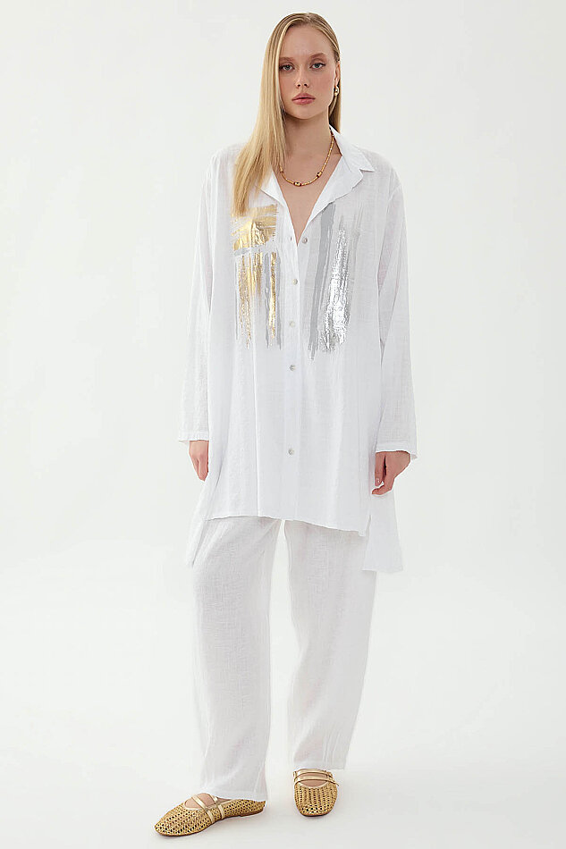 Oversize Baskılı Keten Gömlek (1)