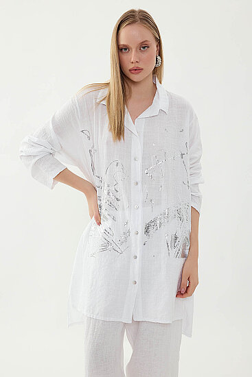Oversize Baskılı Keten Gömlek - 8