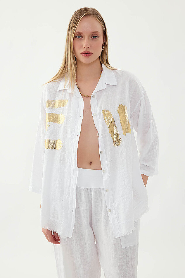 Sedef Düğmeli Baskılı Oversize Keten Gömlek