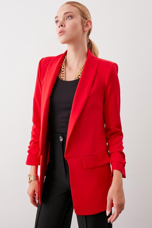 Uzun Yaka Detaylı Kol Büzgülü Blazer Ceket - 45