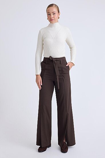 Yüksek Bel Beli Kemerli Pantolon - 1