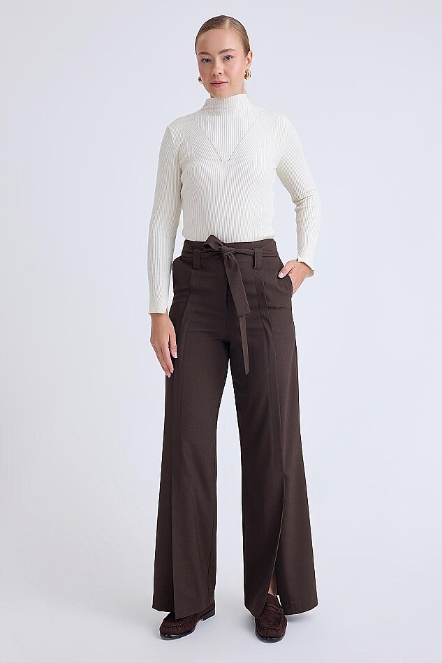 Yüksek Bel Beli Kemerli Pantolon - 1