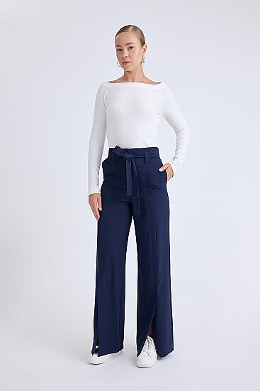 Yüksek Bel Beli Kemerli Pantolon - 5