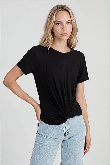 Yuvarlak Yaka Önü Büzgülü T-Shirt - 2