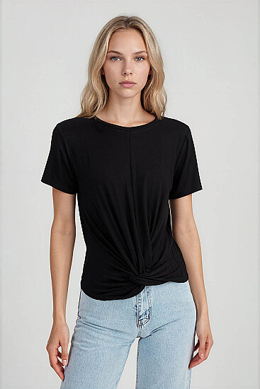 Yuvarlak Yaka Önü Büzgülü T-Shirt - 1
