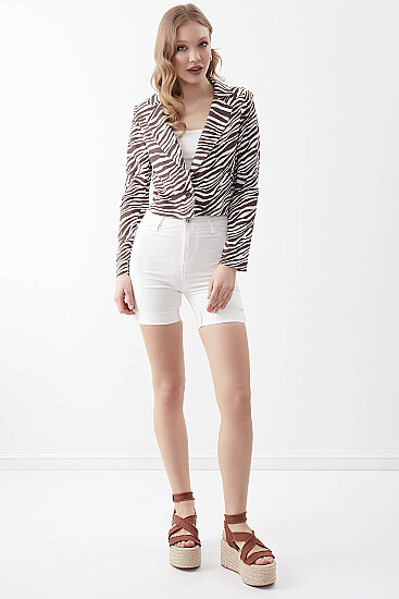 Zebra Desen Tek Düğme Crop Ceket - 12